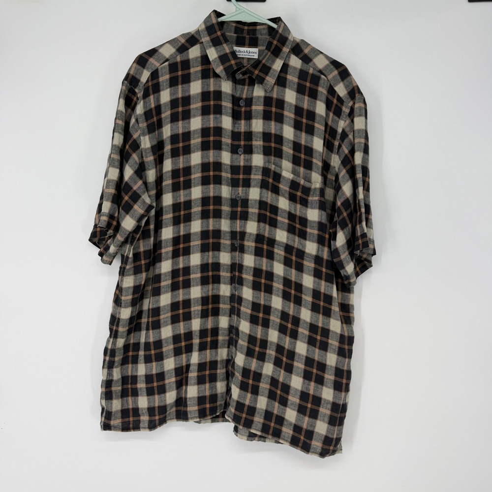 Bullock &‎ Jones Mens 100% Linen Short Sleeve Button Up Shirt Plaid Swiss Made L